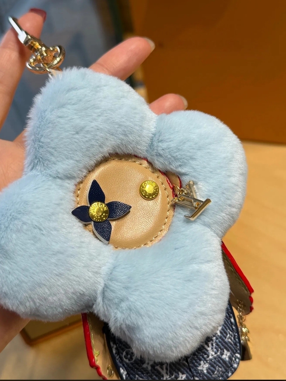 Luxury Floral Plush Bag Charm Keychain - Light Blue